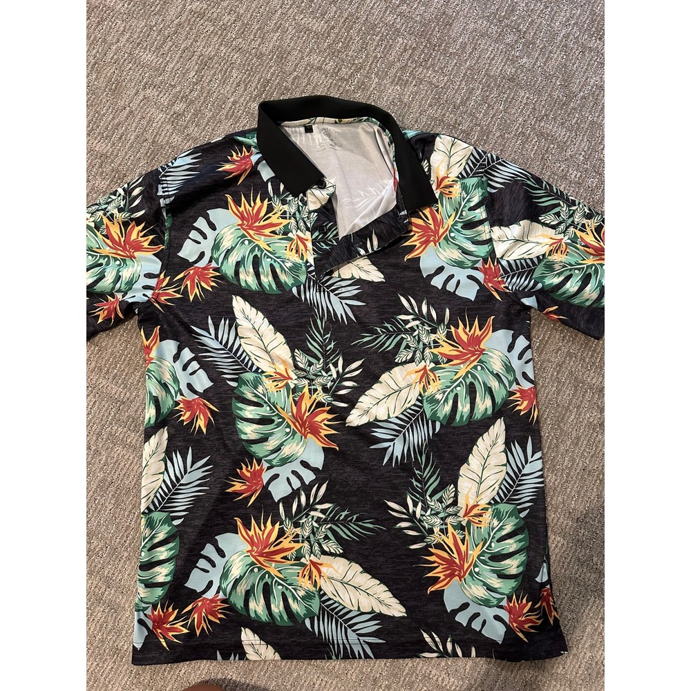 Monterey Club Mens Golf Polo Shirt Large Tropical Bird of Paradise Floral Black